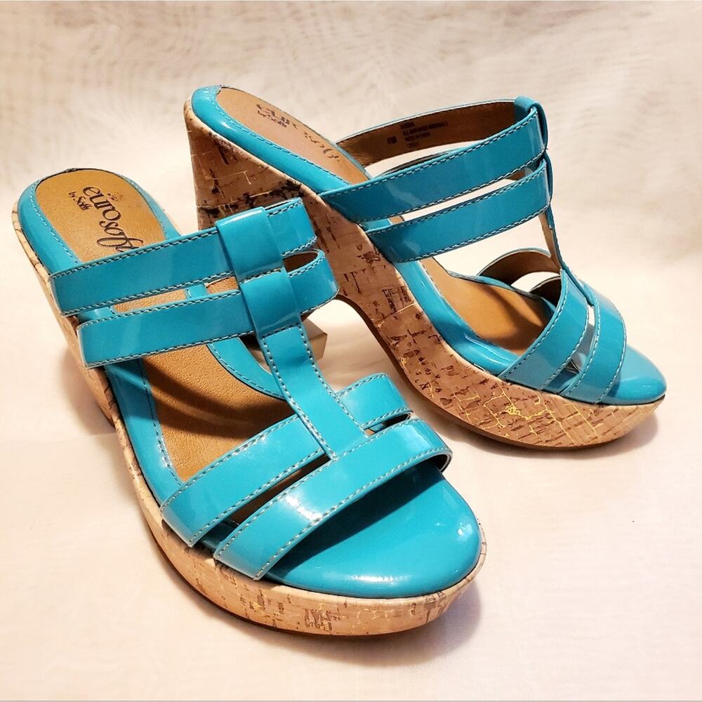 Woman's EURO SOFT cork wedge strappy  sandal Turquoise sz.6.5